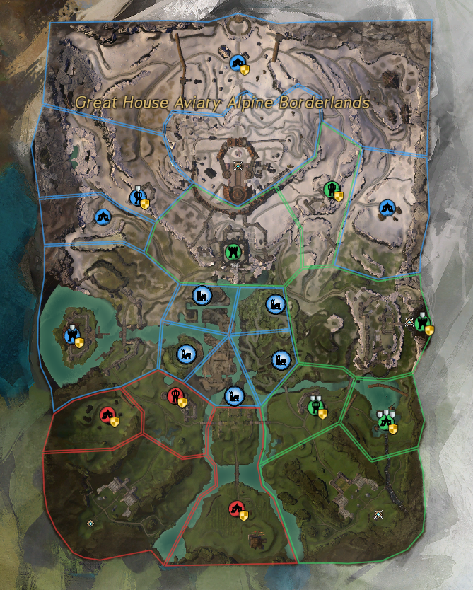 Blue Alpine Borderlands WvW map — snow biome with three keeps and central citadel